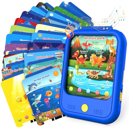 Qiaojoy Kids Learning Tablet Educational Learning Pad for Toddlers 2-5 to Learn Alphabets, Numbers, Foods, Time, Music, Talking Cards for Toddlers，Learning Educational Toy Kids Gifts - style: Upgrade Version（20 lesson pages blue）