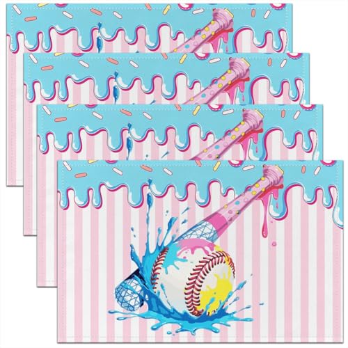 Ice Cream Drip Baseball Kids Placemats Set of 4,Baseball Bat Ball Sport Competition Table Place Mats,Geometric Stripe Ball Fan Kitchen Decor,Pink Placemat Kitchen Table Decoration 12"x18" - color: Pink