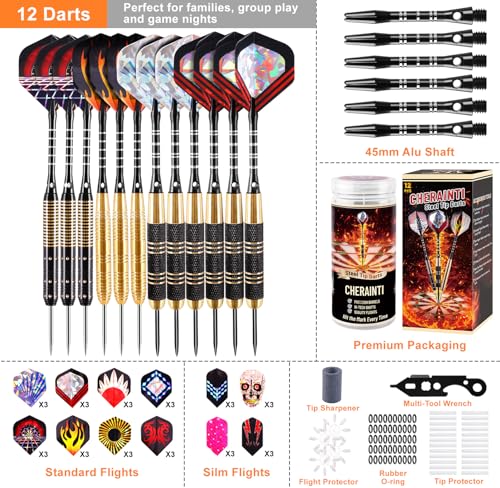 CHERAINTI Darts Metal Tip Set, Professional Steel Tip Darts, 20g 24g Pro Metal Tipped Dart Set for Dartboard with Brass Barrels, Aluminum Shafts, Extra Flights, Sharpener Tool Kit, and Carrying Case
