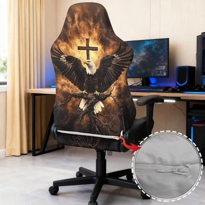 Printed Gaming Chair Slipcover, Scratch-Proof Game Chair Cover with Arms Cover, Stretchable Office Computer Desk Armchair Dustproof Slipcover Protector, Eagle Cross Wood Print - color: Eagle Cross Wood Print