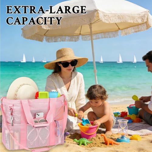 GYEUKHAM Mesh Beach Bag for Women, Sand-Resistant Pool Tote, 9 Pockets (1 Inner Zip), Foldable Family Travel Essentials - color: Extra Large - Pink