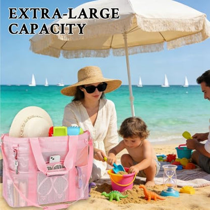 GYEUKHAM Mesh Beach Bag for Women, Sand-Resistant Pool Tote, 9 Pockets (1 Inner Zip), Foldable Family Travel Essentials - color: Extra Large - Pink