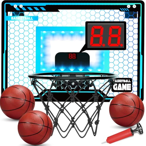 Indoor Mini Basketball Hoop for Kids, Over The Door Basketball Hoop with LED Lighting & 3 Balls, Mini Hoop Basketball Gifts for 4 5 6 7 8 9 10 11 12 Year Old Teen Boys Toys Christmas Birthday Gift