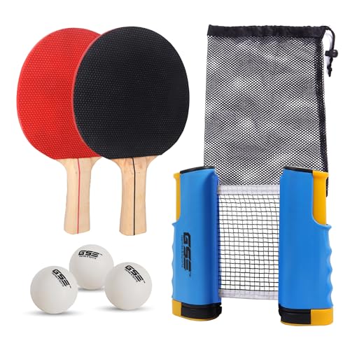 GSE Games & Sports Expert Adjustable Retractable Ping Pong Net Set & Post. Professional Table Tennis Rackets and Balls, Net with Posts and Storage Bag - Pingpong Paddle and Game Table Accessories. | Adjustable - color: Table Tennis Set-Blue