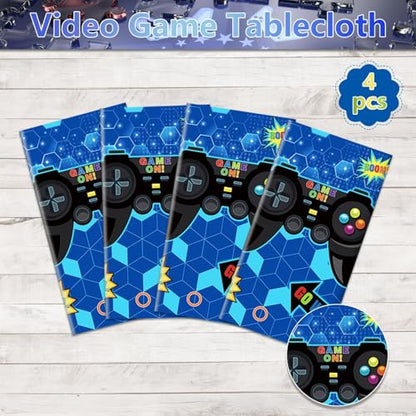 4 Pcs Blue Video Game Tablecloths, 51" x 86", Plastic, Rectangular, Tablecloths for Boys Kids' Teens Parties - color: Blue