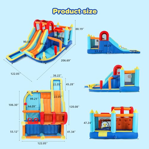 JOYLDIAS Inflatable Water Slide Park, Giant Bounce House with 450W Blower, Climbing Wall, Dual Basketball Hoops & Ring Toss Games - Outdoor Backyard Jumper for Kids Ages 3+ - color: 9 in 1
