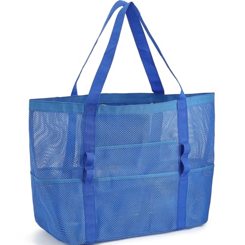 GYEUKHAM Mesh Beach Bag for Women, Sand-Resistant Pool Tote, 9 Pockets (1 Inner Zip), Foldable Family Travel Essentials - color: L-blue