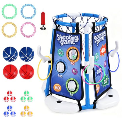 4-in-1 Floating Pool Basketball Hoop Set: Includes Ring Toss Game, Air Pump Launcher, 4 Balls & Sticky Balls – Outdoor Water Toys for Kids Ages 3-12, Family Pool Party Games