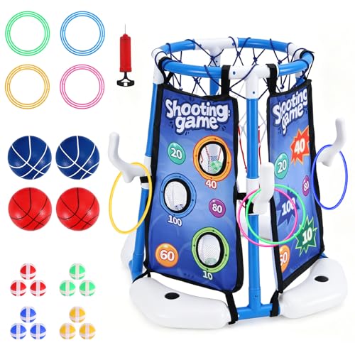 4-in-1 Floating Pool Basketball Hoop Set: Includes Ring Toss Game, Air Pump Launcher, 4 Balls & Sticky Balls – Outdoor Water Toys for Kids Ages 3-12, Family Pool Party Games