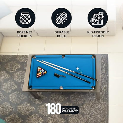 Hathaway Breakout 40-in Tabletop Billiards Set for Dining or Game Tables – Compact Blue Pool Playing Surface with Cue Sticks, Ball Kit, Triangle, Chalk & Brush – Lightweight Portable Indoor Fun