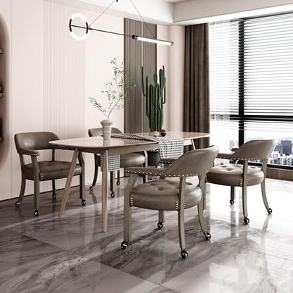 Set of 4 Dining Chair with Casters, Accent Captains Chairs with Wheels & Arms,Wheeled Roller Wood Chairs for Kitchen & Game Poker Table,Antique Grey&Dark Brown(NO Table!) - color: Antique Grey&dark Brown