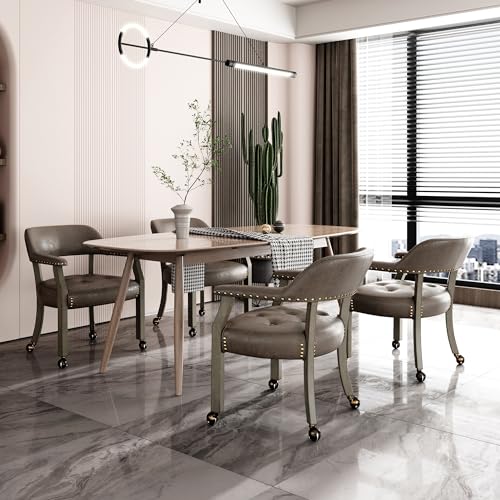 Set of 4 Dining Chair with Casters, Accent Captains Chairs with Wheels & Arms,Wheeled Roller Wood Chairs for Kitchen & Game Poker Table,Antique Grey&Dark Brown(NO Table!) - color: Antique Grey&dark Brown