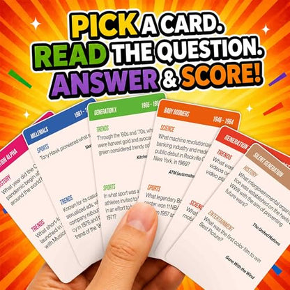 QUOKKA Generation Trivia Game – Generations Challenge Card Set with 600 Questions for Ages 10+ – Travel Game for Family Night, Parties – Trivia Cards for Adults, Teens and Kids