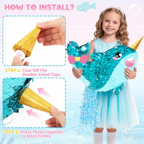 WERNNSAI Narwhal Piñata - Girl Narwhal Party Piñata Game Whale Ocean Themed Party Decor for Kids Under the Sea Classroom Decorations Summer Season Baby Shower Favors - style: Narwhal