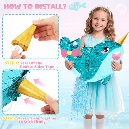 WERNNSAI Narwhal Piñata - Girl Narwhal Party Piñata Game Whale Ocean Themed Party Decor for Kids Under the Sea Classroom Decorations Summer Season Baby Shower Favors - style: Narwhal