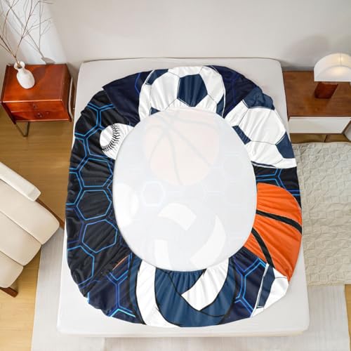 Erosebridal Kids Football Sheets, Soccer Baseball Bed Sheets Set for Boys Girls Teens Juvenile,Basketball Volleyball Softball Sheets Gradient Blue Hexagon Honeycomb Top Sheet,Full Size - color: Multi 03, size: Full