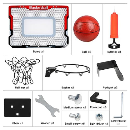 Indoor Basketball Hoop with 2 Balls & Complete Accessories, Over The Door & Mini Hoop for Kids & Adults