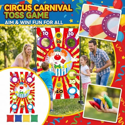 Carnival Bean Bag Toss Game Banner, Circus Party Throwing Game with 8 Holes, Fun Outdoor Indoor Carnival Party Decoration Supplies for Kids Adults