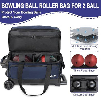 Goloni Double Roller 2 Ball Bowling Bag with Separate Shoe Compartment,2 Ball Bowling Bag with Wheels,Retractable Handle Extends to 40" - color: Dark Blue