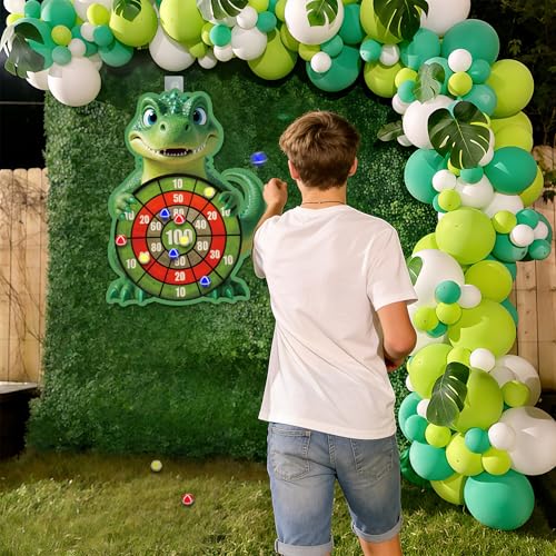 Cartoon Dinosaur Themed Toss Game Banner with 12 Sticky Balls, 30” Large Dino Dart Board for Indoor Outdoor Games Birthday Party Supplies