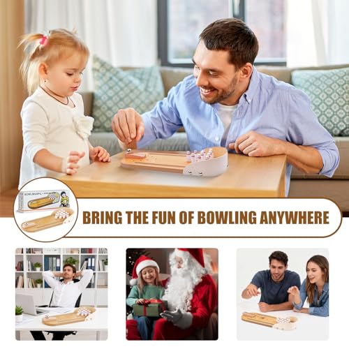 Mini Bowling Game Set, Wooden Tabletop Board Game | Portable Tabletop Play Kit, Stress Relief Desktop Toy, All-Ages Gift, White Elephant Present For Office Gatherings