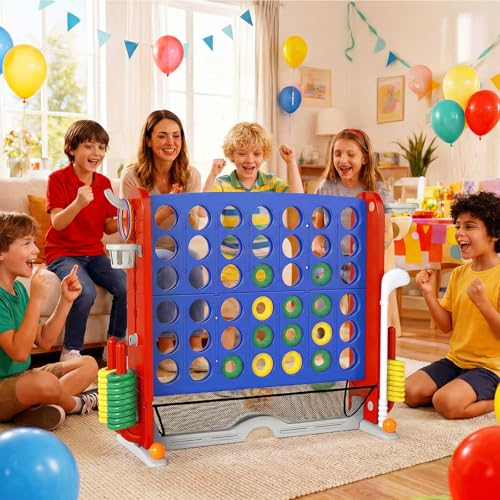 OLAKIDS Giant Connect Game Outdoor, 4 in A Row with Adjustable Height, Mesh Net, Carry Bag, Golf, Basketball Hoop, Ring Toss, Cup Holder for Kids Adults Indoor Backyard (Navy) - color: Navy