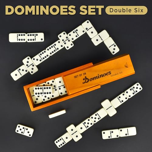 Queensell Dominos Set for Adults – Dominoes - Classic Board Games, Double 6 Dominoes Family Games for Kids and Adults - Double Six Standard Dominos Set 28 Tiles with Wood Case, Juegos de Mesa - style: Medium