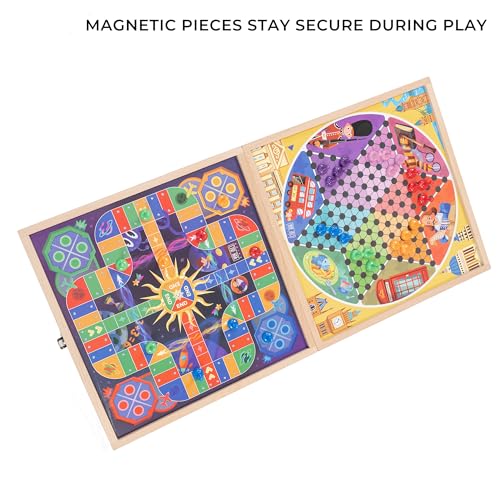 5-in-1 Magnetic Wooden Board Game Set, Premium Beech Wood Frame Family Game Center for Kids & Adults