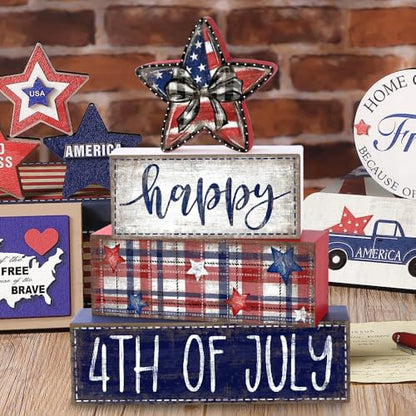 DIYDEC 4Pcs Memorial Day Table Decor 4th of July Patriotic Wood Signs Independence Tiered Tray Decor America Red Blue Centerpieces Signs for Farmhouse Holiday Tabletop Home Party Decoration - style: Independence Day Star