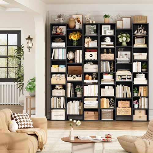 FOTOSOK 71'' Tall Bookshelf with 21 Cubes, 8 Tier Triple Wide Black Bookshelf with 8 Adjustable Shelves, 35" Large Bookcase DVD/CD Media Tower Storage, Freestanding Display Shelf Cabinet, Black - color: Black