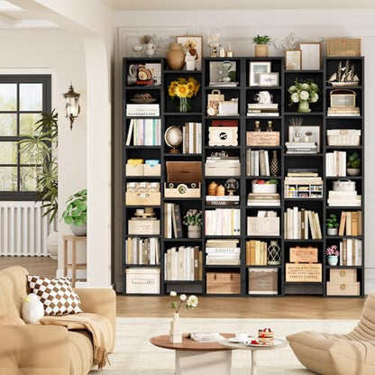 FOTOSOK 71'' Tall Bookshelf with 21 Cubes, 8 Tier Triple Wide Black Bookshelf with 8 Adjustable Shelves, 35" Large Bookcase DVD/CD Media Tower Storage, Freestanding Display Shelf Cabinet, Black - color: Black