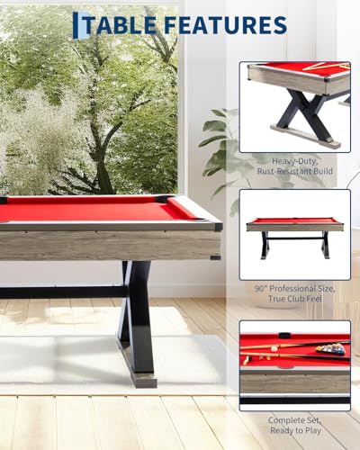 7 FT Billiard Table, 84 x 46 x 32 Inch, Rustic Grey Finish Pool Table with Metal K-Leg, Professional Playing Cloth, Complete Set of 2 Cues, 16 Balls, Chalk, Triangle & Brush, for Home Game Room - color: Red Cloth
