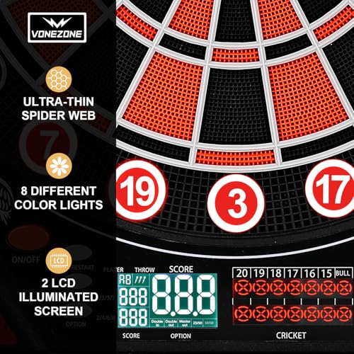 Electronic Dart Board Cabinet, Soft Tip Dartboard Cabinet Set for Adults, LED Scoring Dartboard with 34 Games & 355 Variants, Up to 8 Players, 12 Darts, 50 Tips, Wall Mount for Bar Game Room Man Cave