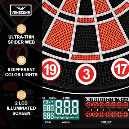 Electronic Dart Board Cabinet, Soft Tip Dartboard Cabinet Set for Adults, LED Scoring Dartboard with 34 Games & 355 Variants, Up to 8 Players, 12 Darts, 50 Tips, Wall Mount for Bar Game Room Man Cave