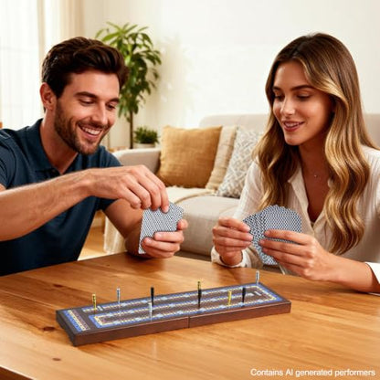 ELONGDI Foldable Wooden Cribbage Board Game Set, Portable Travel 3 Track Cribbage Board with Magnetic Closure,9 Metal Pegs,A Deck of Cards - Family Board Games for Kids and Adults