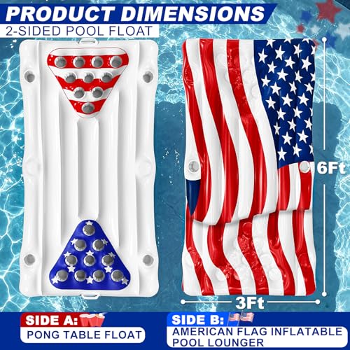 2 in 1 Patriotic Pool Float & Pong Toss Games Table with 8 Balls, 4th of July Pool Toys Game for Adults Kids Family, 6Ft x 3Ft Inflatable Floats Lounge Raft for USA 250th Anniversary (No Include Cup)