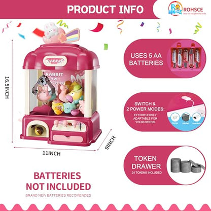 Kids Claw Machine with Toys Inside, Vending Machine Lights & Sound, Electronic Mini Claw Game for Boys & Girls, Birthday & Party Gift, Includes 25 Plush Toys, Surprise Eggs & USB Cable - style: Large Bunny Wonder