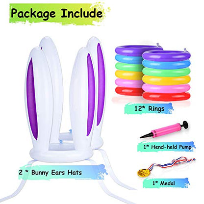 Hoshin 2 Set Inflatable Bunny Ears Ring Toss Game (2 Rabbit-Ear Hats with 12 Ring Toss, 1 Medal and 1 Hand-held Pump) - Great Family Easter Party Games