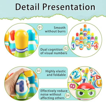 Yositochuan Kids Bowling Set Toy - 10PCS Soft Numbered Pins & 2 Foam Balls for Toddler Boys Girls Age 3-5, Indoor Outdoor Sports Game, Preschool Learning Toy, Birthday Gift for Ages 3 4 5 6