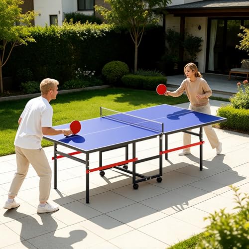 8FT Table Tennis Table with Net, Indoor/Outdoor Professional Ping Pong Table for Kids Adults, Folding Ping Pong Table, Complete Set with Paddles and Balls, School Playground Game Table - color: Blue