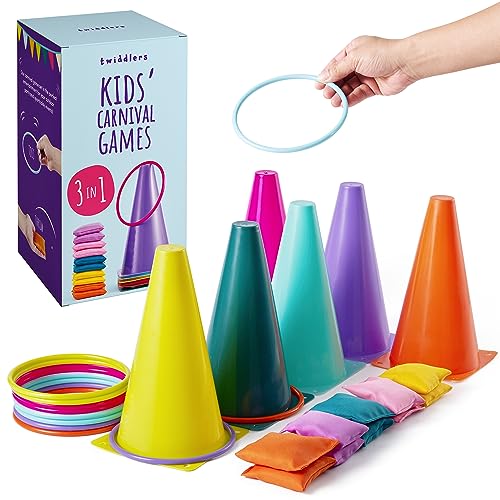 The Twiddlers - 3 in 1 Ring Toss Carnival Games for Kids Party Outdoor. Colorful Bean Bags, Cones and Ring Toss Game for Kids & Adults. Ideal for Birthday & Family Party, Yard Game