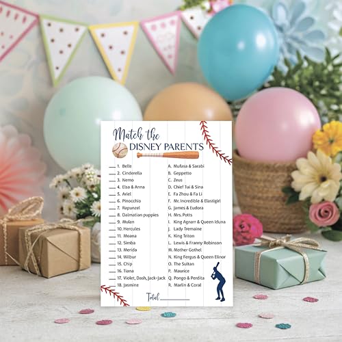 BASEBALL Baby Shower Games — CARTOON PARENT MATCH Baby Shower Game — Pack of 25 — Rustic Sports Theme Navy Blue BOY, Little Slugger Fun Match the Parents Couples Shower Activity G900-DPM