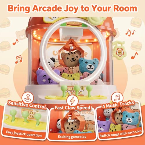 Burger Bear Claw Machine for Kids, Arcade Prize Grabber with 3-Joystick Coin-Style Controls, Lights and Music, Refillable Birthday Party Gift - color: Orange and Yellow