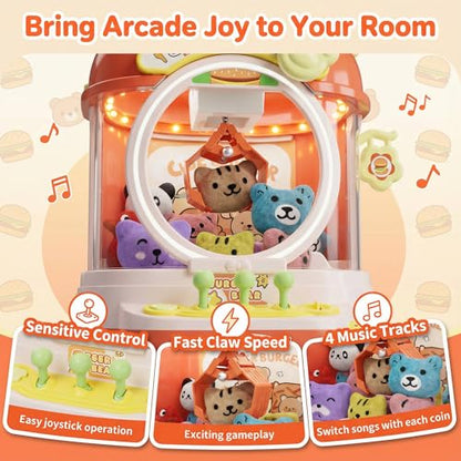 Burger Bear Claw Machine for Kids, Arcade Prize Grabber with 3-Joystick Coin-Style Controls, Lights and Music, Refillable Birthday Party Gift - color: Orange and Yellow