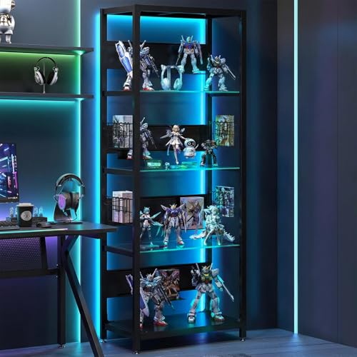 4-Tier Glass Display Shelf for Collectibles, Display Case with LED Lights and Open Glass Storage Shelf, Lighted Tall Narrow Shelf, Metal Curio Cabinet with Hooks for Gaming Room, Living Room, Bedroom - size: 65 x 23.6 x 13.8 in -4-Tier