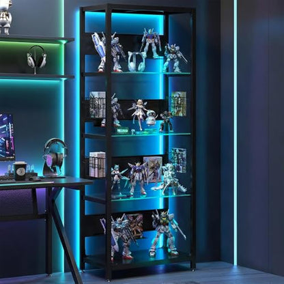 4-Tier Glass Display Shelf for Collectibles, Display Case with LED Lights and Open Glass Storage Shelf, Lighted Tall Narrow Shelf, Metal Curio Cabinet with Hooks for Gaming Room, Living Room, Bedroom - size: 65 x 23.6 x 13.8 in -4-Tier