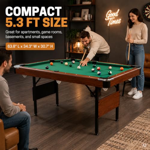 5.3 FT Pool Table Portable Foldable Billiards Table for Kids & Adults with with Balls, Cues, Chalk, Rack & Brush, Compact Space-Saving Game Table for Family Game Room & Office - color: Brown+Green
