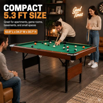 5.3 FT Pool Table Portable Foldable Billiards Table for Kids & Adults with with Balls, Cues, Chalk, Rack & Brush, Compact Space-Saving Game Table for Family Game Room & Office - color: Brown+Green