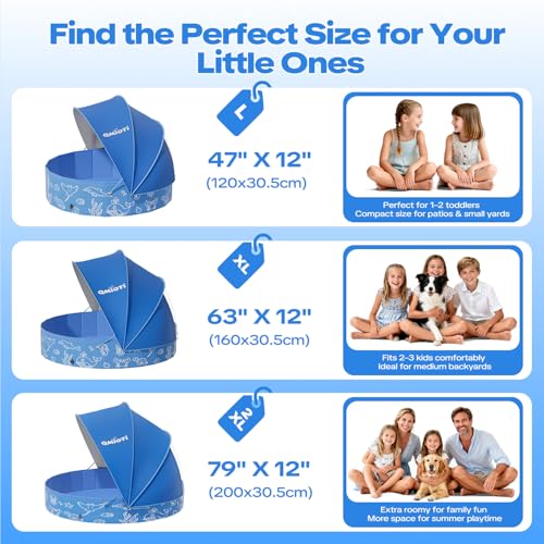 Large Kiddie Pool with Canopy, 79in Foldable Kids Pool, Baby Pool with Detachable UPF 50+ Sunshade, Portable Non-Slip Swimming Pool Dog Pool for Backyard, Beach, Outdoor Summer Water Play - size: 79IN