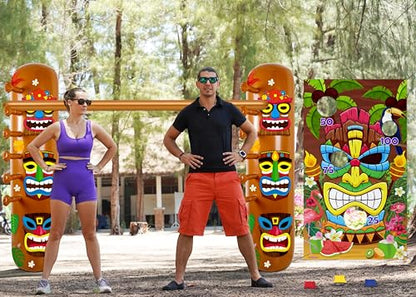 2 Sets Hawaiian Luau Party Decorations – Summer Tiki Theme Inflatable Limbo with Toss Game Set for Adults, Pool Party, Tropical Beach Birthday Accessories